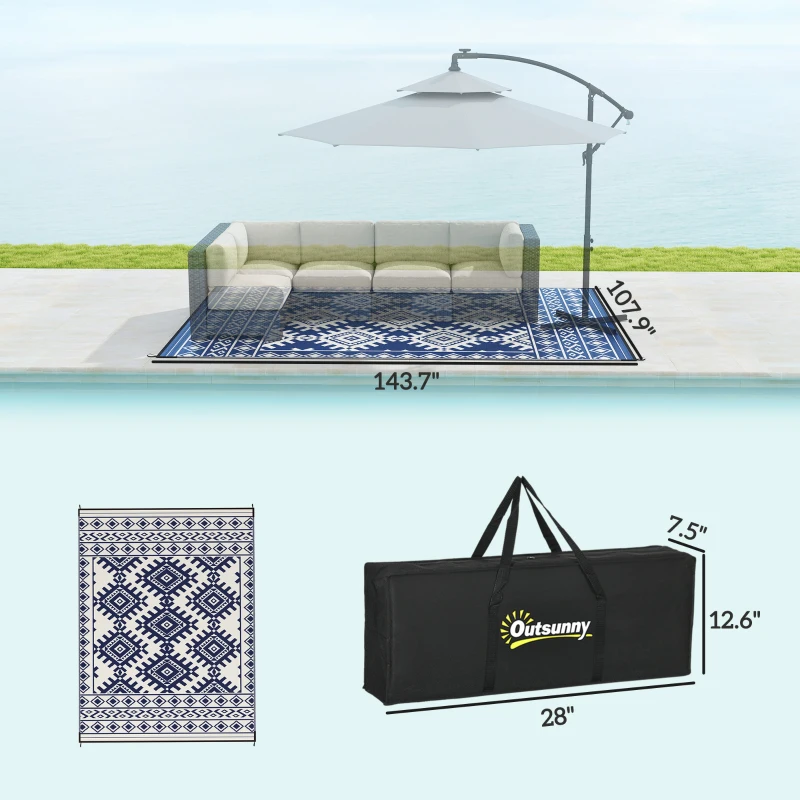 Outsunny Reversible Outdoor Rug, Waterproof Plastic Straw with Carry Bag, 9' x 12', Blue & White Rhombus Border