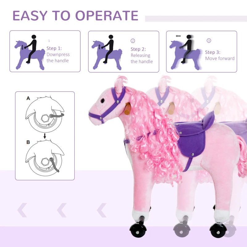 Qaba Kids Rocking Horse, Large Walking Ride on Toy for Toddlers 3 year old, Baby Plush Animal Rocker with Sound and Wheel, Pink