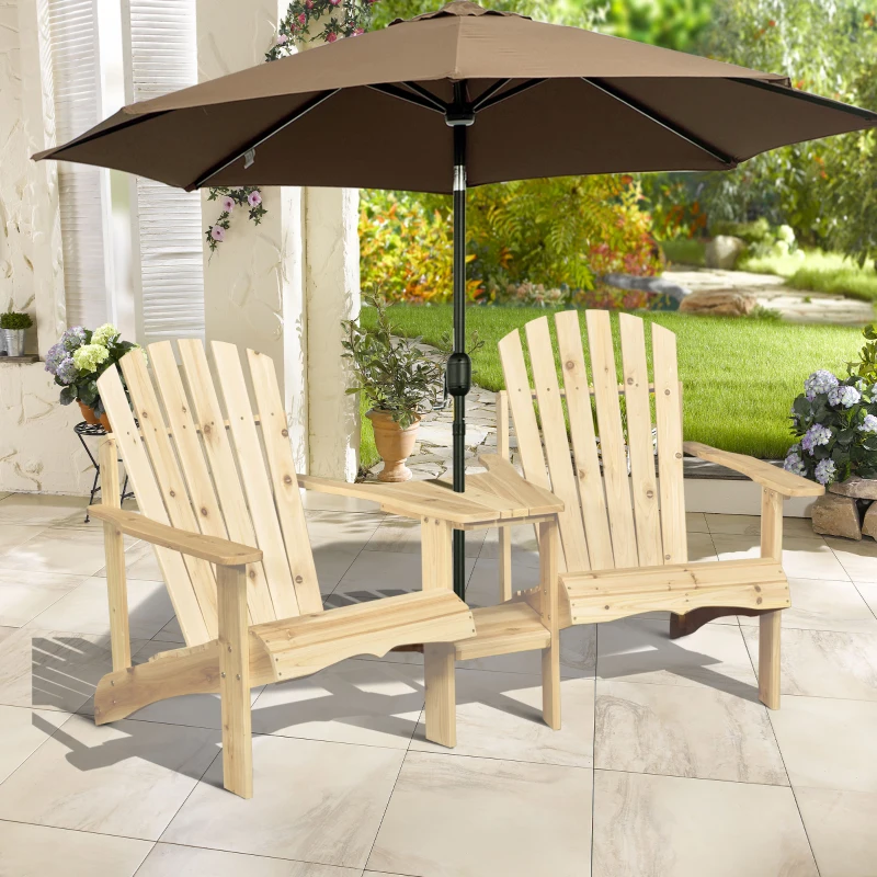 Outsunny 2 Piece Pair Wood Adirondack Chair Porch Tete-A-Tete Bench Two Seater w/ Middle Table Reclined Wooden Umbrella Hole, Natural