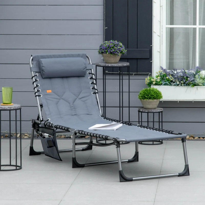 Outsunny Outdoor Lounge Chair, Folding Chaise Lounge, Patio Padded Tanning Chair with 5-position Adjustable Backrest, Pillow and Pocket for Deck, Beach, Lawn and Sunbathing, Grey