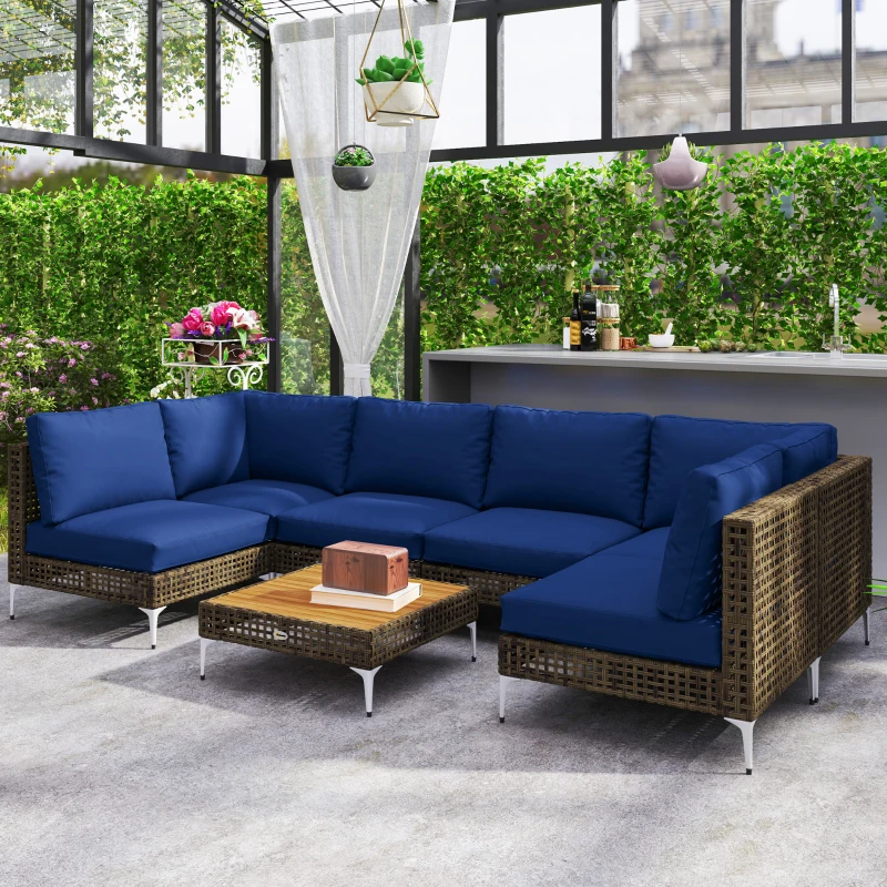 Outsunny 7 Piece Wicker Patio Furniture Set, Modular Outdoor Sectional with Thickened Cushions, Acacia Wood Table, Brown/Blue