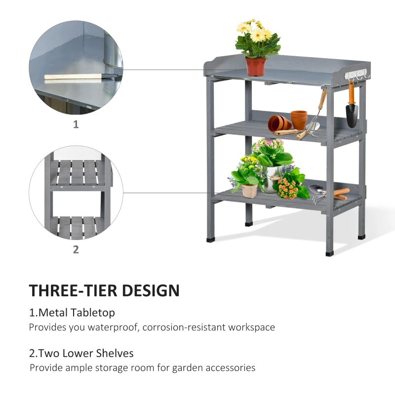 Outsunny Outdoor Garden Wooden Potting Bench Work Station Table Tool Storage Shelf w/ Hooks, Grey