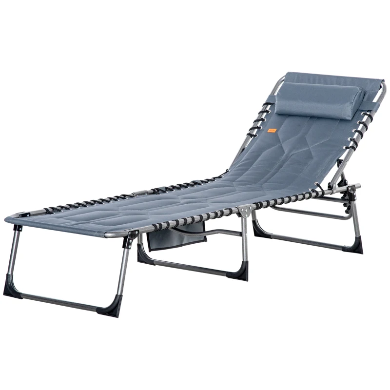 Outsunny Outdoor Lounge Chair, Folding Chaise Lounge, Patio Padded Tanning Chair with 5-position Adjustable Backrest, Pillow and Pocket for Deck, Beach, Lawn and Sunbathing, Grey