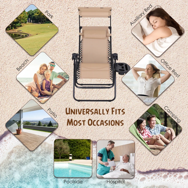 Outsunny 2 Piece Foldable Lounge Chair with Canopy Shade, Outdoor Zero Gravity Chair with Side Tray & Cup Holder, Reclining Lounger with Breathable Mesh Fabric Seat, Pillow, Beige