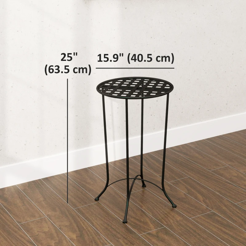 Outsunny 16" Round Outdoor Table, Small Patio Side Table, Metal End Table Plant Stand with Grid Top for Indoor, Garden, Black