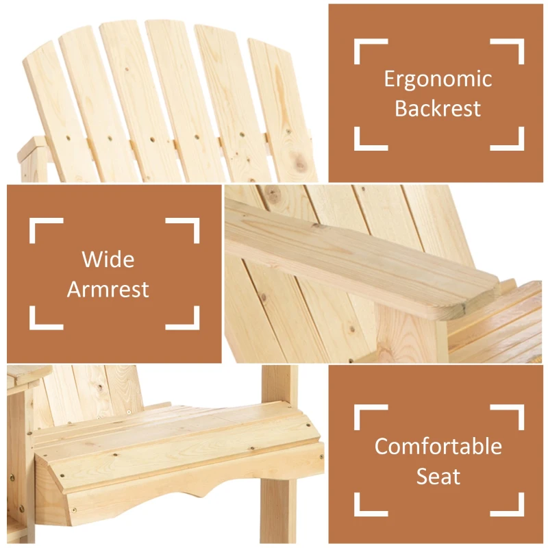Outsunny 2 Piece Pair Wood Adirondack Chair Porch Tete-A-Tete Bench Two Seater w/ Middle Table Reclined Wooden Umbrella Hole, Natural