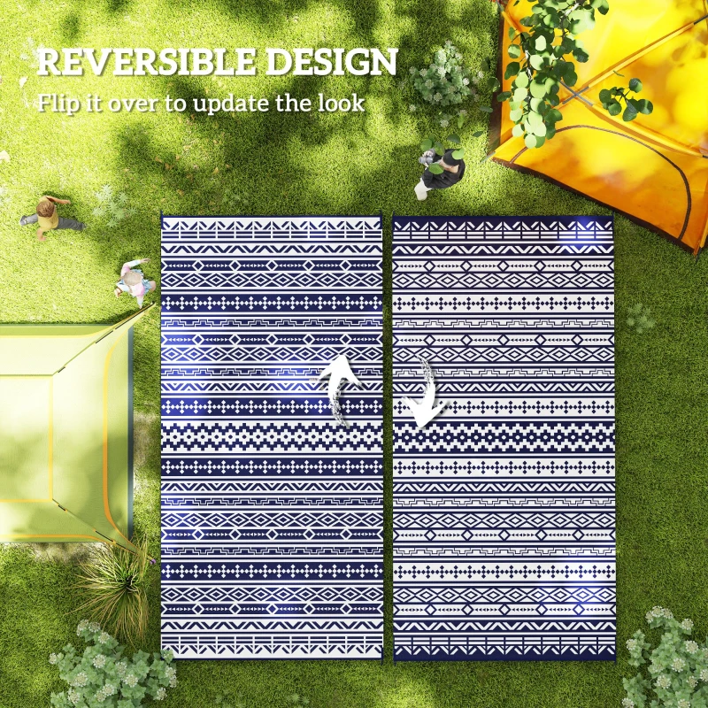 Outsunny 9' x 18' Outdoor RV Rug, Reversible Patio Floor Mat with Carry Bag, Geometric Wall, Blue and White