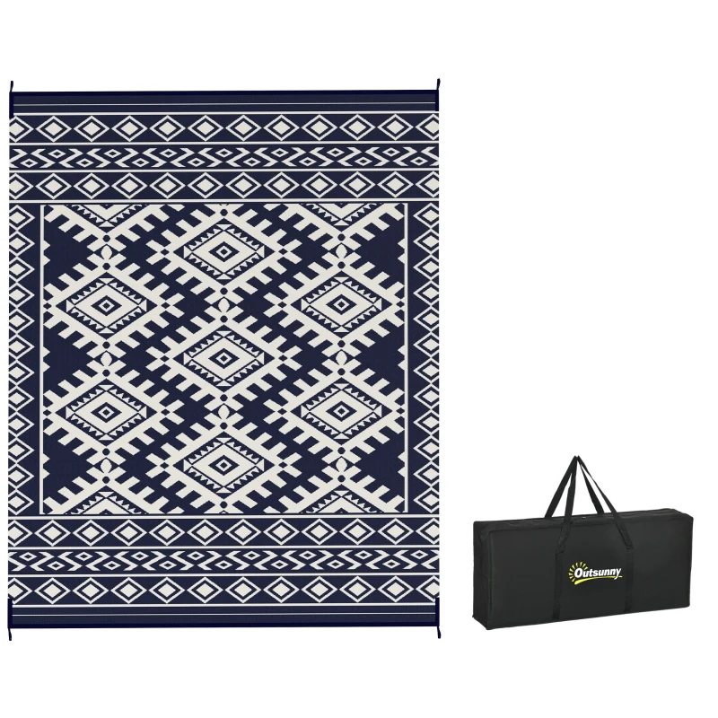 Outsunny Reversible Outdoor Rug, Waterproof Plastic Straw with Carry Bag, 8' x 10', Blue & White Rhombus Border