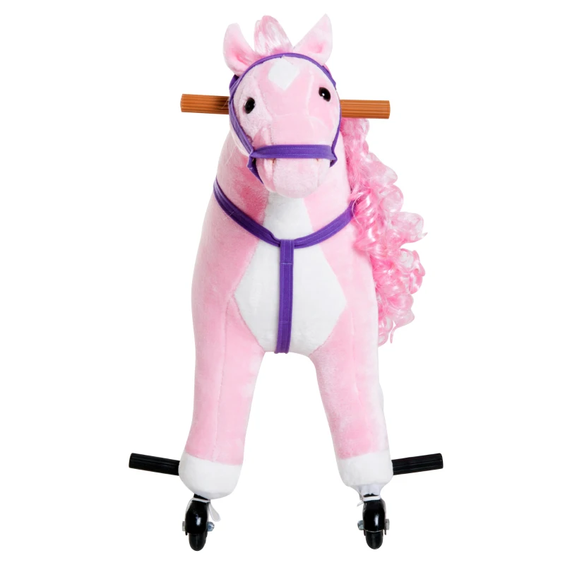 Qaba Kids Rocking Horse, Large Walking Ride on Toy for Toddlers 3 year old, Baby Plush Animal Rocker with Sound and Wheel, Pink