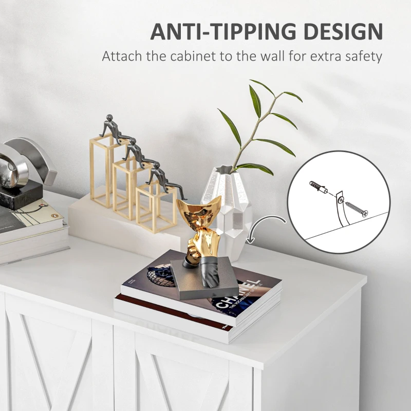 HOMCOM Kitchen Sideboard Cabinet with 4 Barn Doors and 2 Adjustable Shelves, Buffet Table for Living Room, Hallway, White