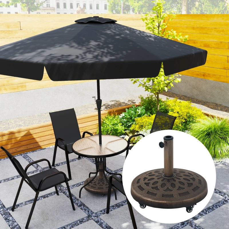 Outsunny 46lbs Resin Round Patio Umbrella Base with Wheels, Umbrella Stand Base, Heavy Duty Patio Umbrella Holder for 1.3"/1.5"/1.9" Poles for Outdoor, Lawn, Poolside, Bronze