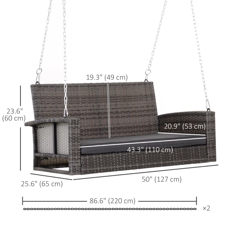 Outsunny 2-Person Patio Porch Swing Chair, Outdoor Rattan Hanging Bench with Cushion & 7.2 ft Steel Chains, Grey
