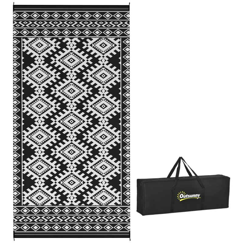 Outsunny Reversible Outdoor Rug, Waterproof Plastic Straw with Carry Bag, 9' x 18', Black & White Rhombus Border