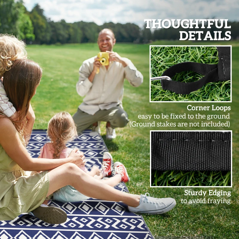 Outsunny Reversible Outdoor Rug, Waterproof Plastic Straw with Carry Bag, 9' x 12', Blue & White Rhombus Border