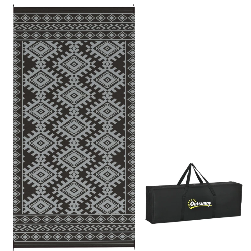 Outsunny Reversible Outdoor Rug, Waterproof Plastic Straw with Carry Bag, 9' x 18', Black & Gray Rhombus Border