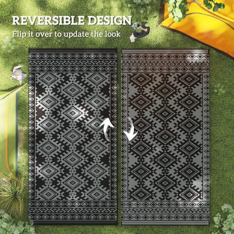 Outsunny Reversible Outdoor Rug, Waterproof Plastic Straw with Carry Bag, 9' x 18', Black & Gray Rhombus Border