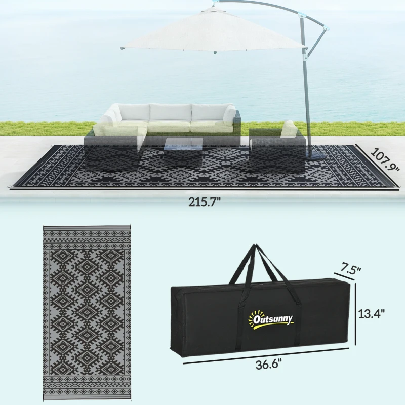 Outsunny Reversible Outdoor Rug, Waterproof Plastic Straw with Carry Bag, 9' x 18', Black & Gray Rhombus Border