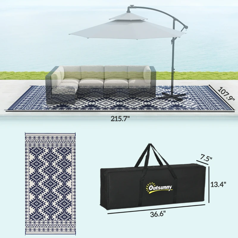 Outsunny Reversible Outdoor Rug, Waterproof Plastic Straw with Carry Bag, 9' x 18', Blue & White Rhombus Border