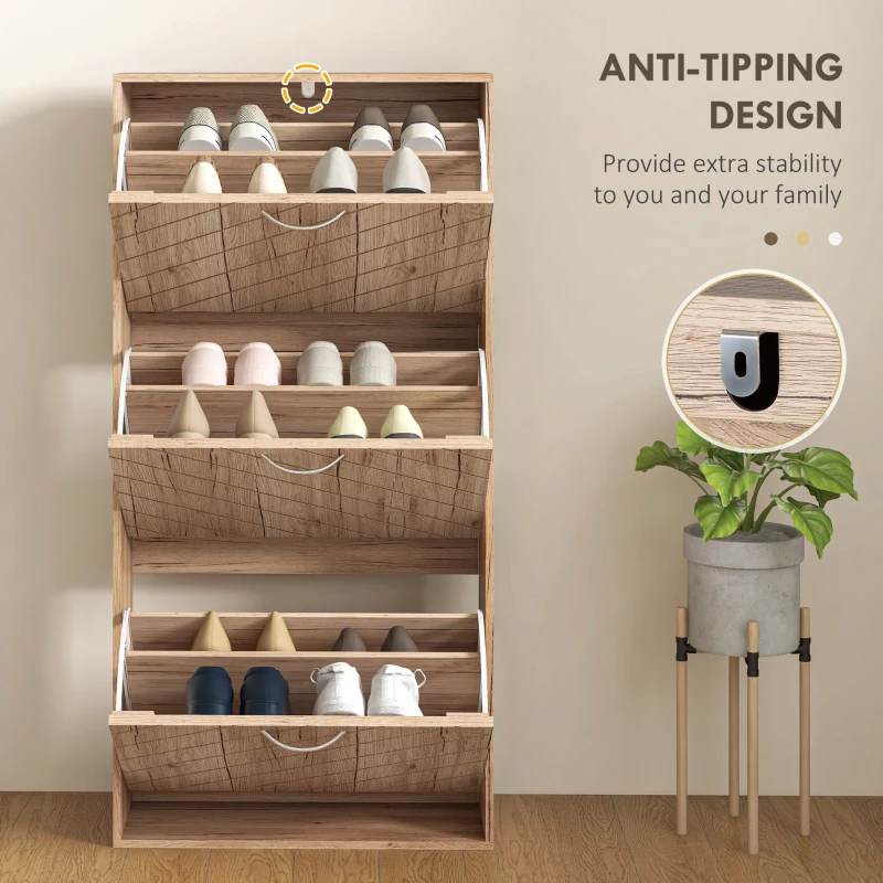 HOMCOM Shoe Storage Cabinet with 3 Flip Drawers, Narrow and Slim, 12 Pair of Shoes Organizer for Hallway, Entryway, Nature Wood