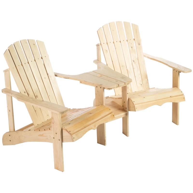 Outsunny 2 Piece Pair Wood Adirondack Chair Porch Tete-A-Tete Bench Two Seater w/ Middle Table Reclined Wooden Umbrella Hole, Natural