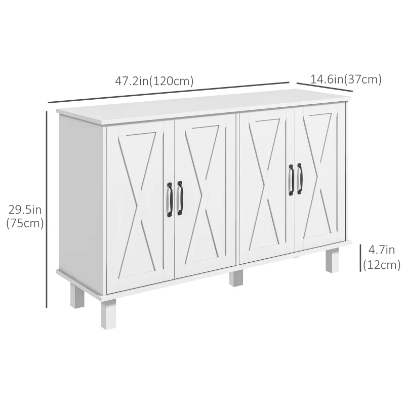 HOMCOM Kitchen Sideboard Cabinet with 4 Barn Doors and 2 Adjustable Shelves, Buffet Table for Living Room, Hallway, White