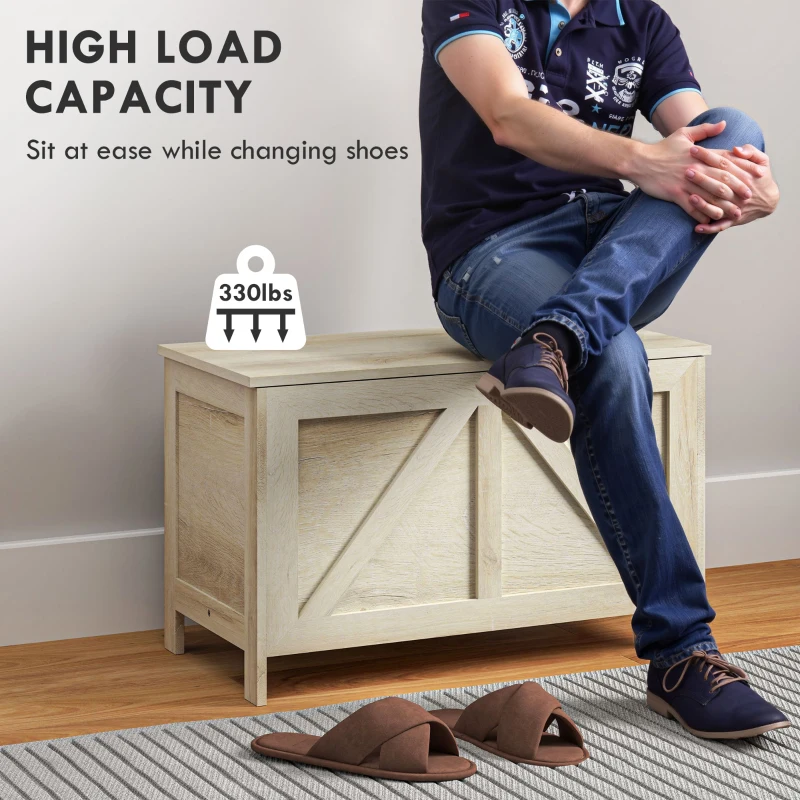 HOMCOM 30" Farmhouse Storage Bench, Lift Top Storage Chest with Safety Hinge to Open Up 100°, Wooden Trunk for Bedroom, Entryway, Living Room, Natural