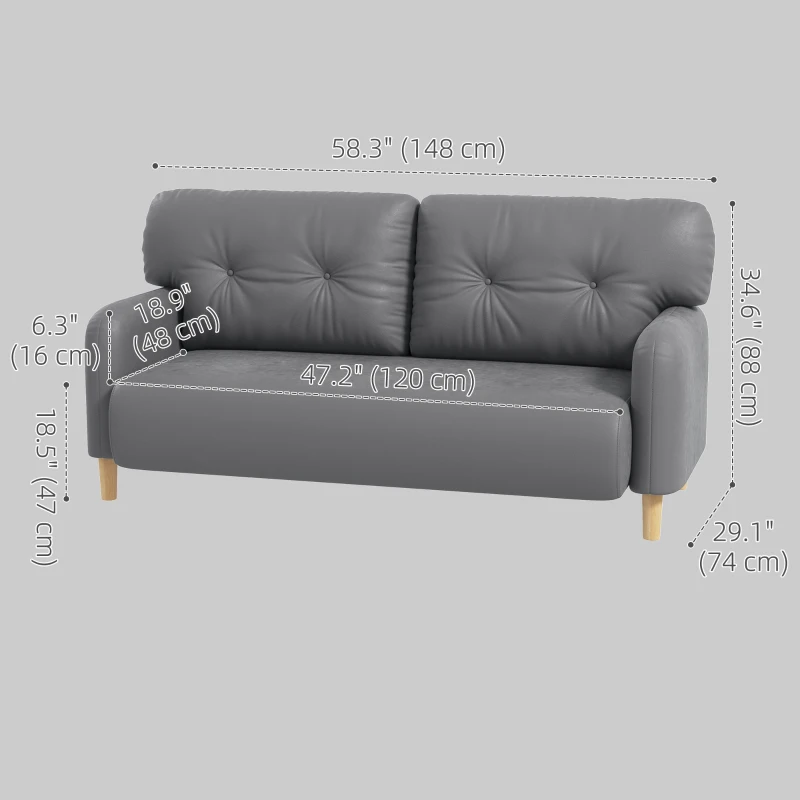 HOMCOM 58" 2 Seat Sofa, Modern Love Seats Furniture, Upholstered 2 Seater Couch, Solid Wood Frame, Grey