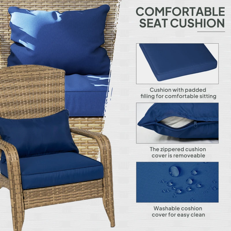 Outsunny Patio Adirondack Chair with Rattan Wicker, Soft Cushions, Tall Curved Backrest for Deck or Garden, Dark Blue