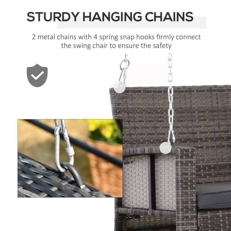 Outsunny 2-Person Patio Porch Swing Chair, Outdoor Rattan Hanging Bench with Cushion & 7.2 ft Steel Chains, Grey