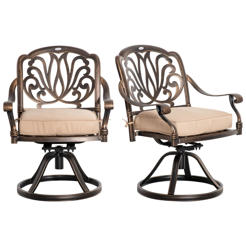 Outsunny 2 Pieces Patio Swivel Chairs with Cushion, Aluminum Frame, 3" Thick Cushions, For Garden, Balcony, Porch, Bronze