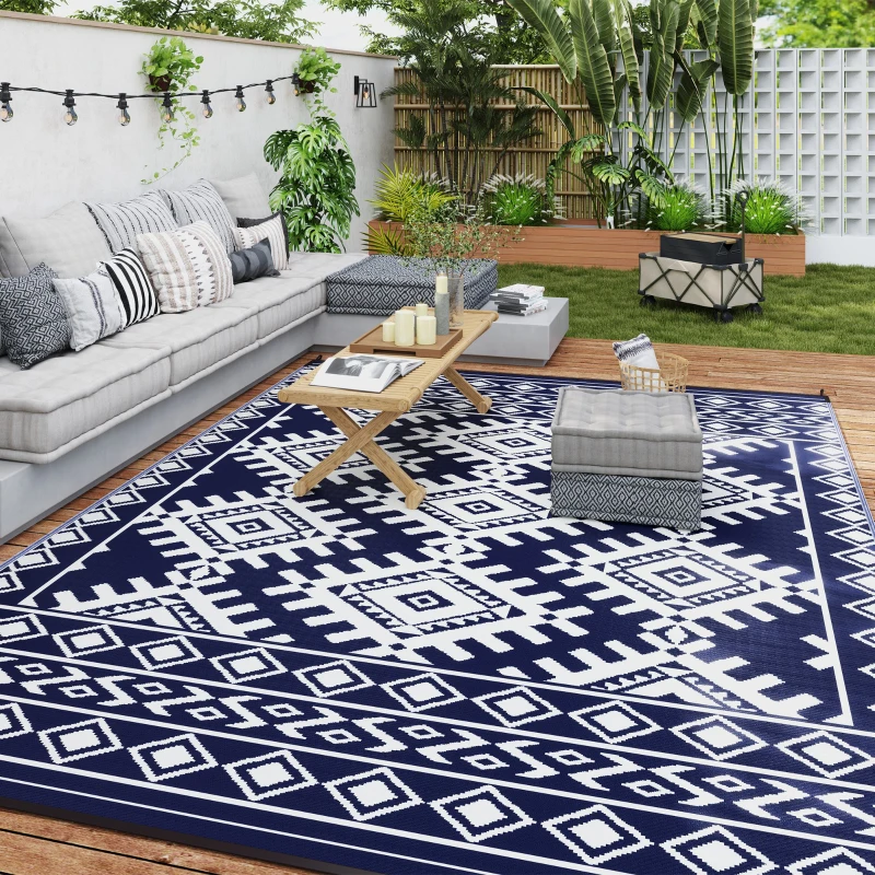 Outsunny Reversible Outdoor Rug, Waterproof Plastic Straw with Carry Bag, 9' x 12', Blue & White Rhombus Border