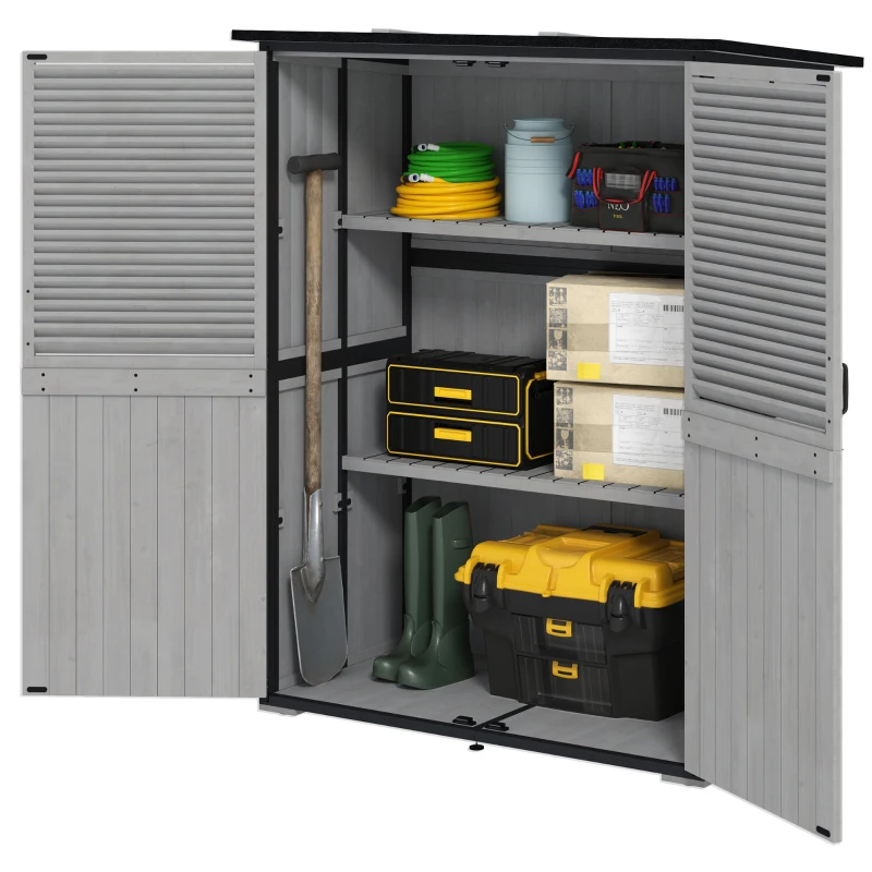 Outsunny Outdoor Storage Cabinet, Wood Garden Shed with Steel Frame, Asphalt Roof, 2 Shelves and Lockable Doors, Grey