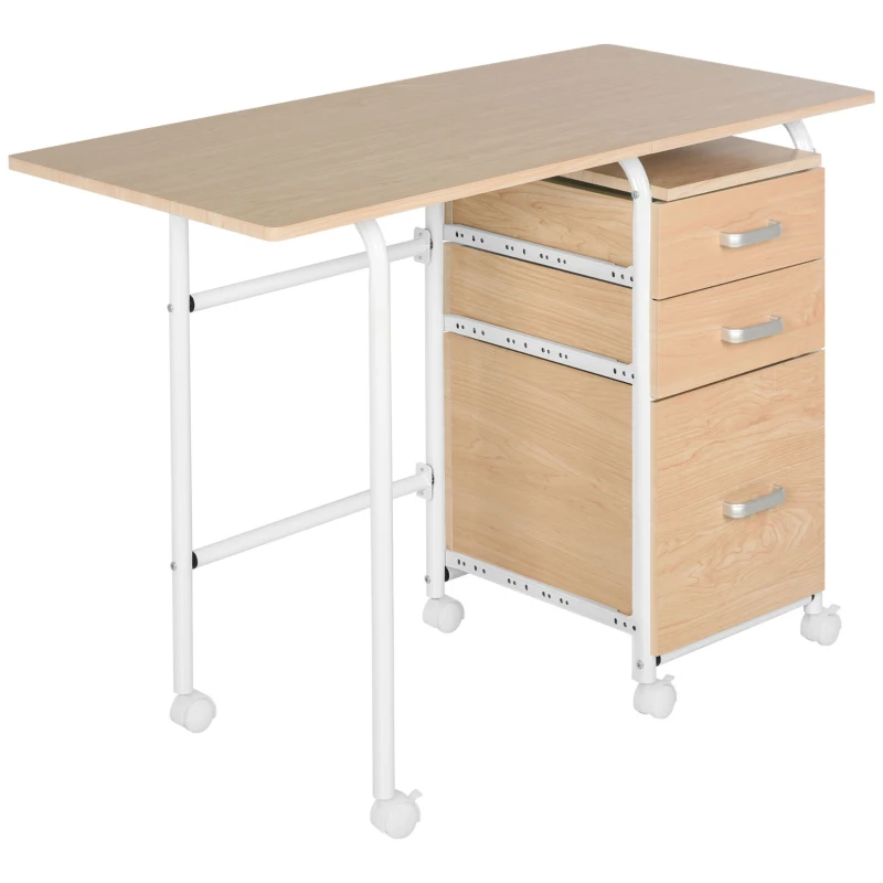 HOMCOM Foldable Computer Desk with Drawers, Executive Student Table with Storage Shelf, 6 Wheels for Bedroom Home Office Workstation, Natural