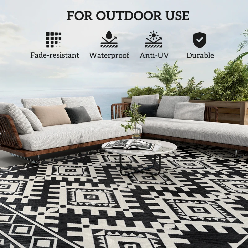 Outsunny Reversible Outdoor Rug, Waterproof Plastic Straw with Carry Bag, 9' x 18', Black & White Rhombus Border