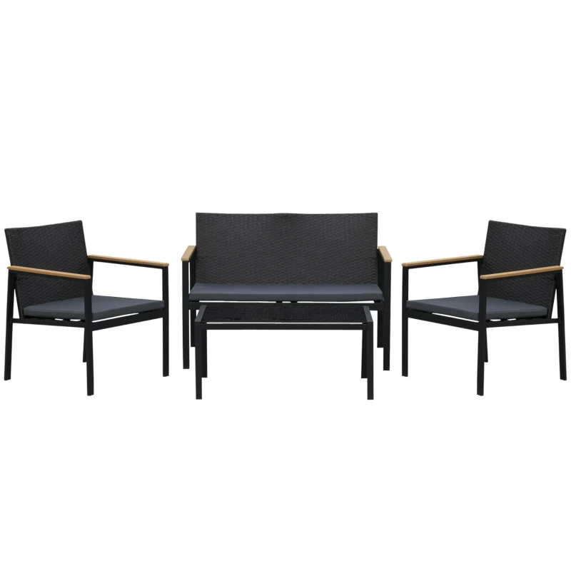 Outsunny 4 Pieces Wicker Patio Furniture Set with Cushions, Outdoor Rattan PE Rattan Conversation Set, Chairs and Loveseat with PS Board Armrests Decoration, Glass Top Table, Black