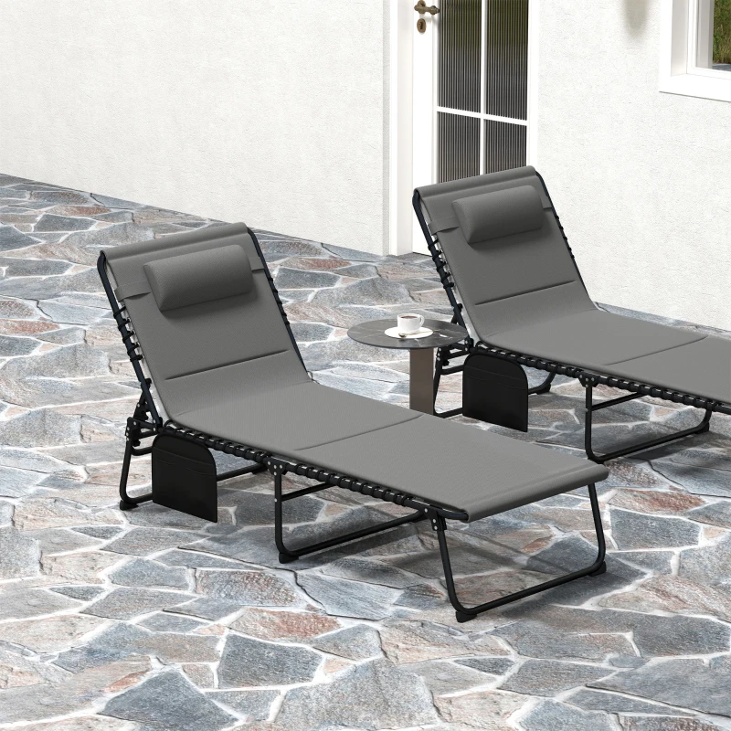 Outsunny Folding Chaise Lounge Chair Set of 2, Reclining Outdoor Lounge Chair Set with Quick Drying Pad Headrest Side Pocket, Tanning Chair Set for Beach Garden Pool, Light Grey