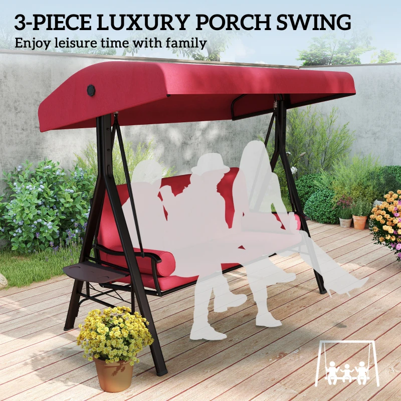 Outsunny Outdoor Patio 3-Person Steel Canopy Cushioned Seat Bench Swing with Included Side Trays & Padded Comfort, Wine Red