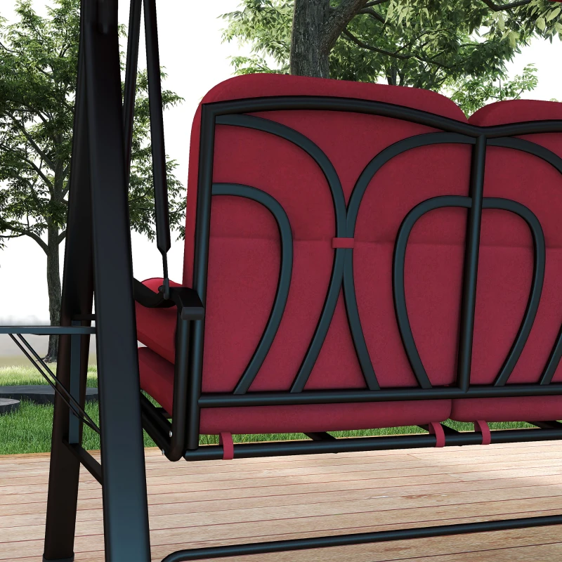 Outsunny Outdoor Patio 3-Person Steel Canopy Cushioned Seat Bench Swing with Included Side Trays & Padded Comfort, Wine Red