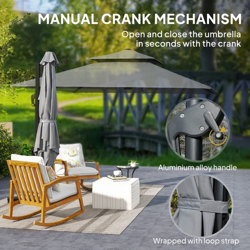 Outsunny 10' x 10' Cantilever Patio Umbrella, Double Top Square Offset Umbrella with 360° Rotation, Light Grey