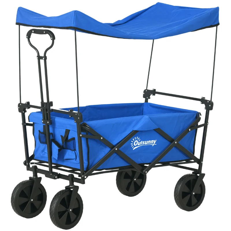 Outsunny Steel Frame Folding Garden Cart, Collapsible Wagon Cart with Removable Canopy, Telescopic Handle and Carrying Bag, Dark Blue
