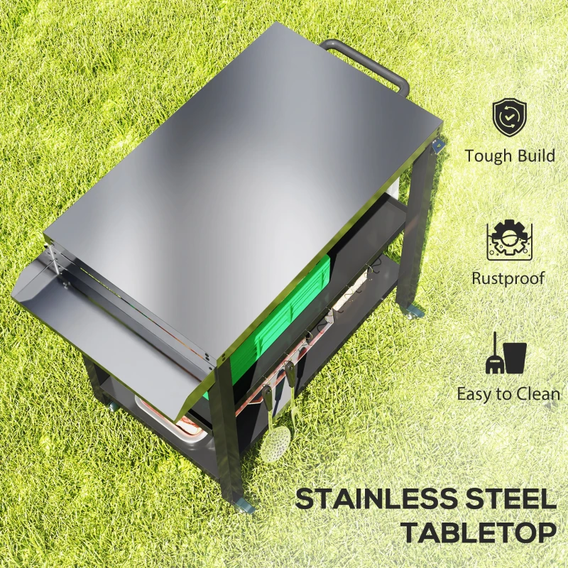 Outsunny Outdoor Kitchen Bar Cart BBQ Table with Wheels, Stainless Steel Pizza Oven Stand, Movable Prep Table with Hooks