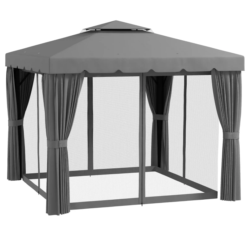 Outsunny 10' x 10' Outdoor Patio Gazebo Double Soft-top Garden Shelter Tent with Curtains, & Mesh Screen Drapes, Light Grey