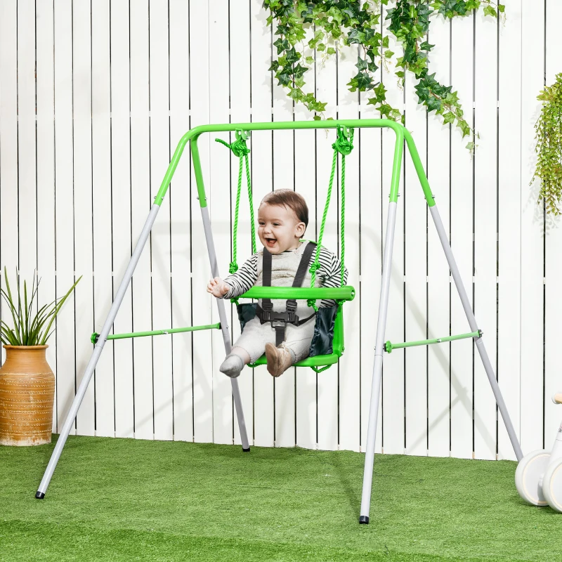 Outsunny Toddler Swing Set with Metal Stand, Safety Seat Belt for Kids Aged 6-36 Months, Backyard Indoor & Outdoor Use, Green