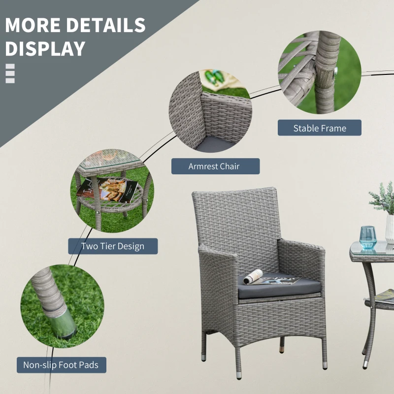 Outsunny 3 Pieces Wicker Patio Furniture Set, Rattan Bistro Set with Glass Top Coffee Table and Cushions, Outdoor Conversation Set for Garden, Porch, Balcony, Grey