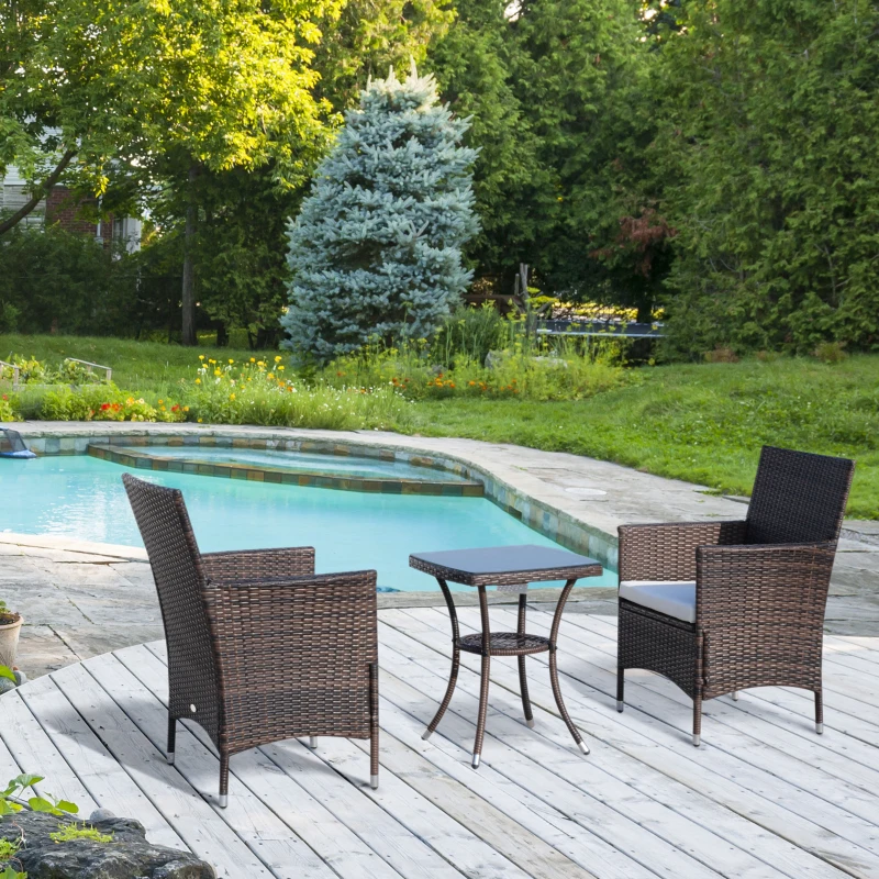 Outsunny 3 Pieces Wicker Patio Furniture Set, Rattan Bistro Set with Glass Top Coffee Table and Cushions, Outdoor Conversation Set for Garden, Porch, Balcony, Coffee