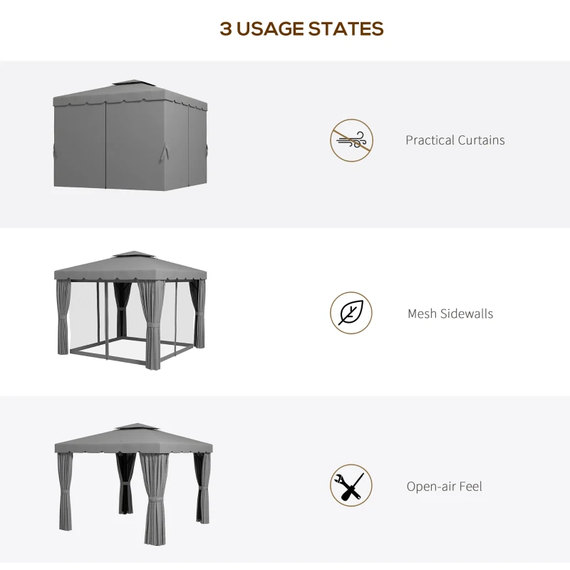 Outsunny 10' x 10' Outdoor Patio Gazebo Double Soft-top Garden Shelter Tent with Curtains, & Mesh Screen Drapes, Light Grey