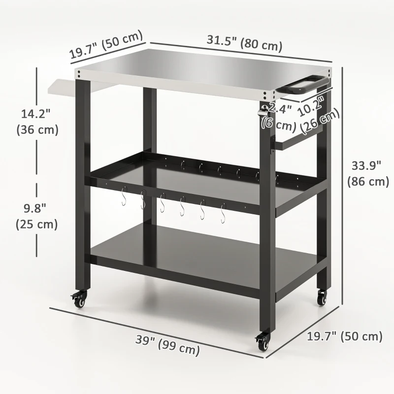 Outsunny Outdoor Kitchen Bar Cart BBQ Table with Wheels, Stainless Steel Pizza Oven Stand, Movable Prep Table with Hooks