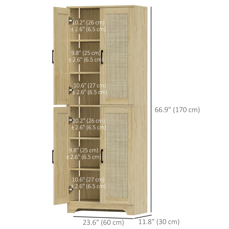 HOMCOM 67" Tall Kitchen Pantry, Freestanding Kitchen Storage Cabinet with 4 Rattan Doors and Adjustable Shelves, Oak