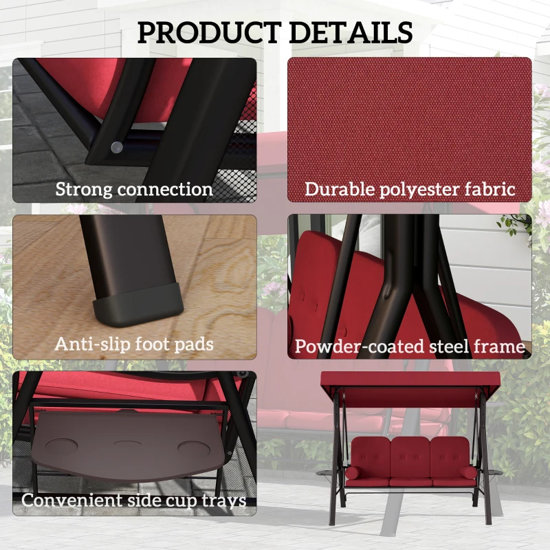 Outsunny Outdoor Patio 3-Person Steel Canopy Cushioned Seat Bench Swing with Included Side Trays & Padded Comfort, Wine Red