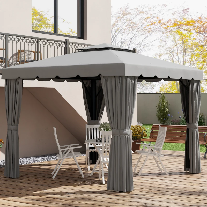 Outsunny 10' x 10' Outdoor Patio Gazebo Double Soft-top Garden Shelter Tent with Curtains, & Mesh Screen Drapes, Light Grey